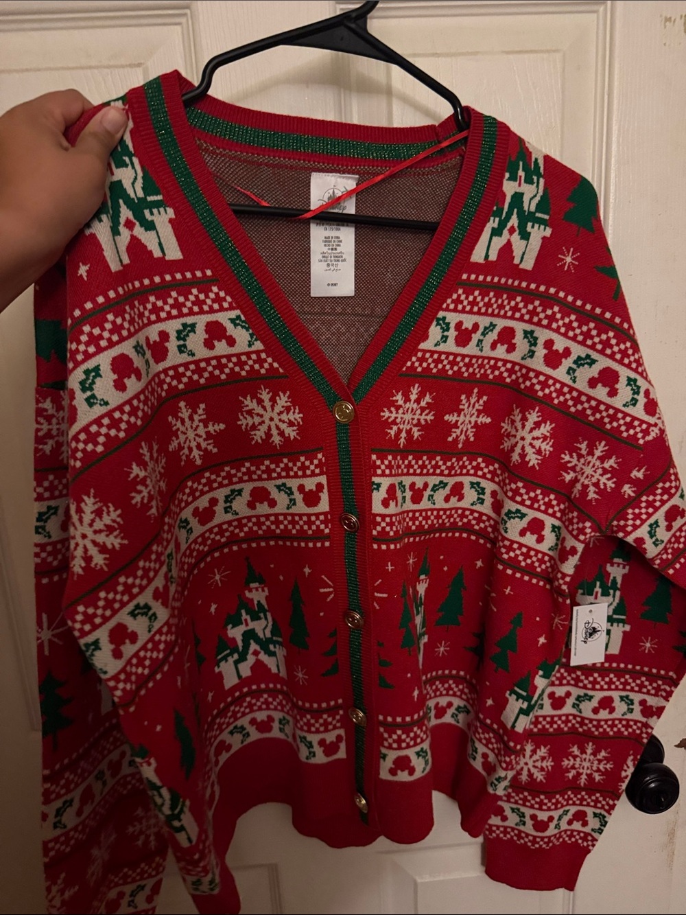 Women’s Red Holiday Button-Front V-Neck Cardigan Sweater